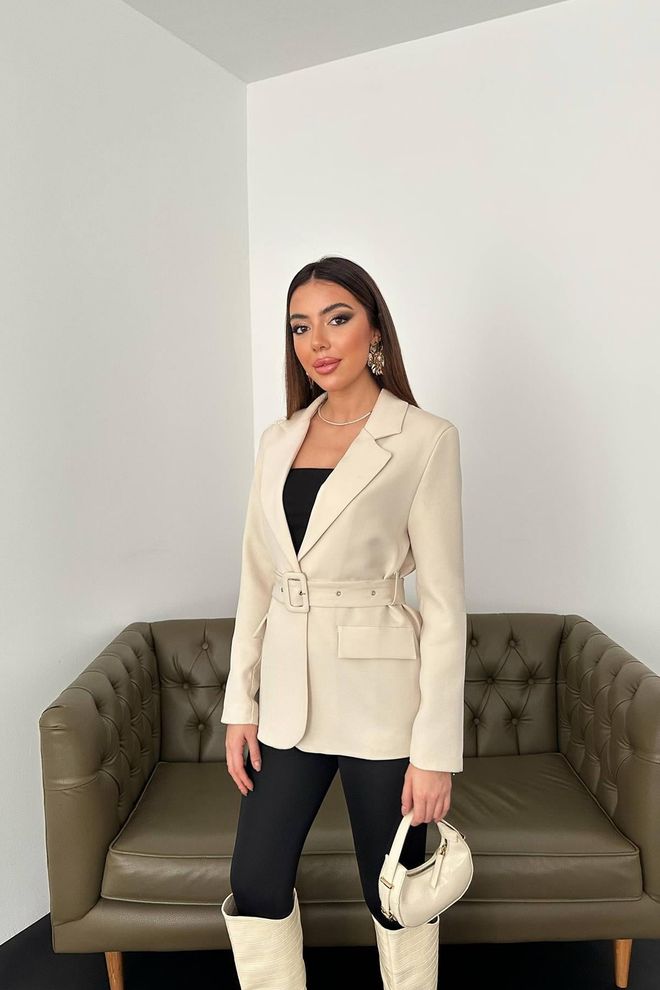 Elisa Jacket With Pocket Flap And Belt Beige Wholesale Clothing No Fabric