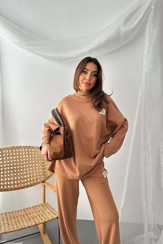 Elisa Classic Ribbed Sweater And Trouser Set Camel Wholesale Clothing Lounge