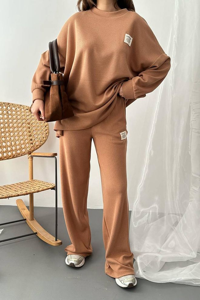 Elisa Classic Ribbed Sweater And Trouser Set Camel Wholesale Clothing Streetwear