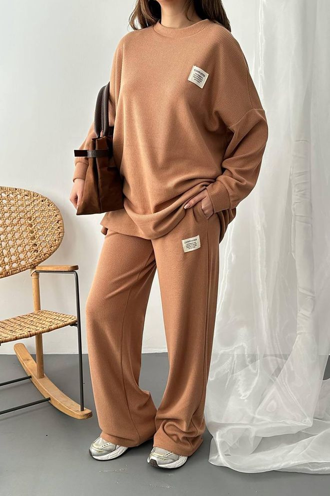 Elisa Classic Ribbed Sweater And Trouser Set Camel Wholesale Clothing Fall