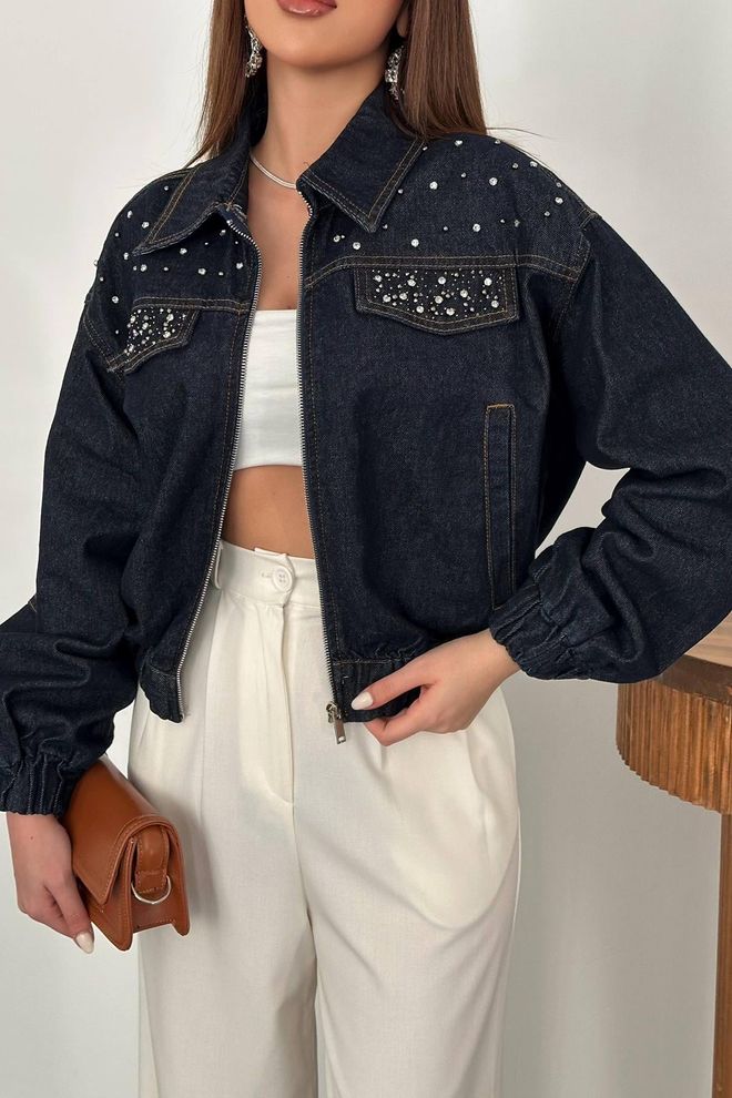 Elisa سترة جينز قصيرة مرصعة بالأحجار أزرق ملابس بالجملة الخريف