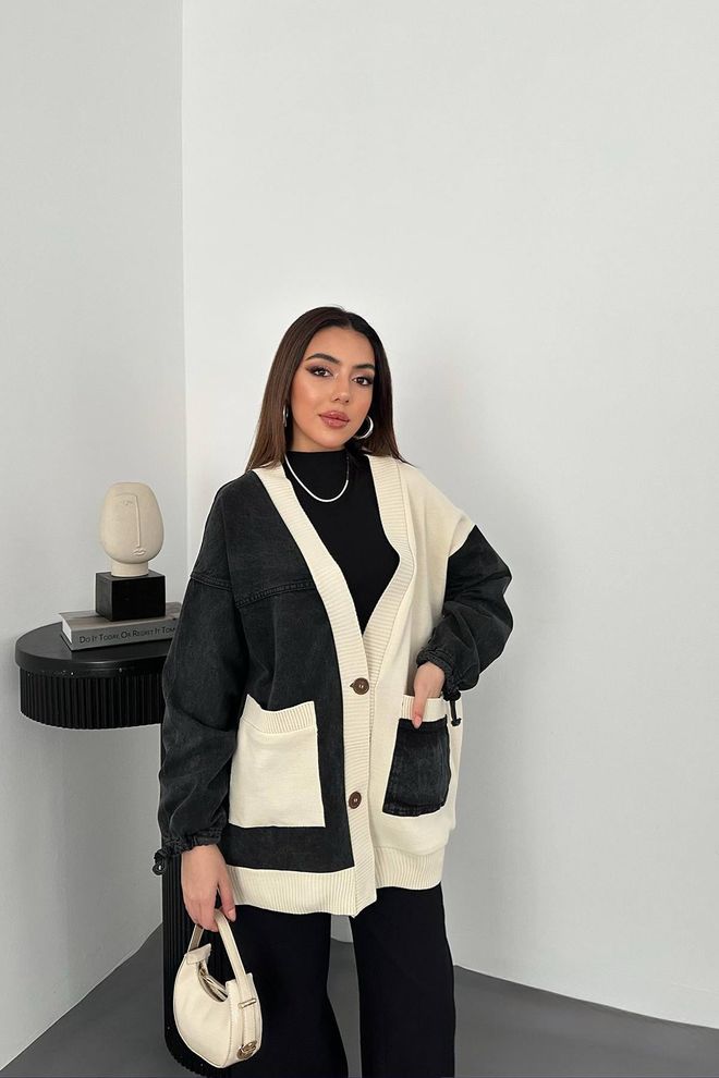 Elisa Cardigan En Denim Garni Noir Et Écru Vêtements en gros Pas de tissu