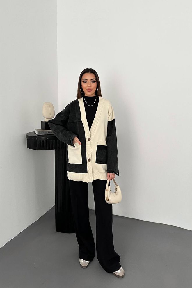 Elisa Cardigan En Denim Garni Noir Et Écru Vêtements en gros Anniversaire