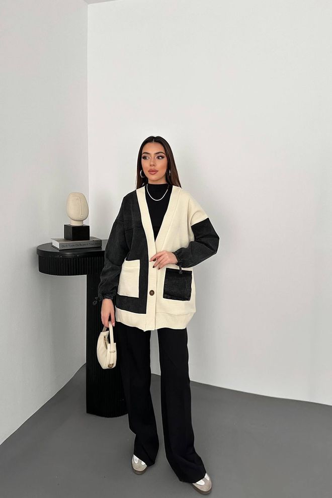 Elisa Cardigan En Denim Garni Noir Et Écru Vêtements en gros Hiver