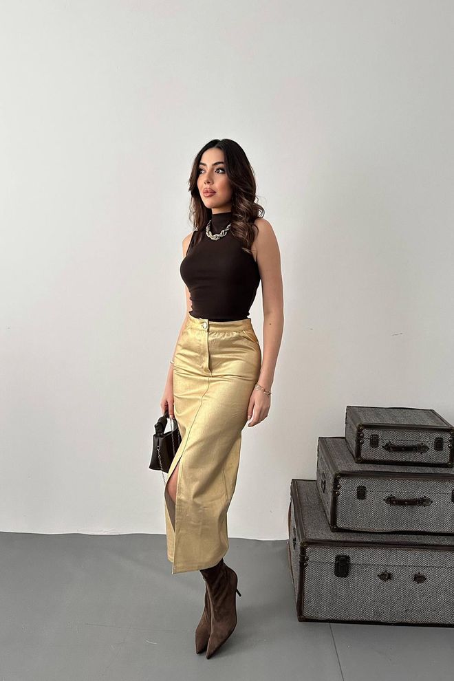 Elisa Gold Leaf Gabardine Slit Skirt Gold Wholesale Clothing Casual
