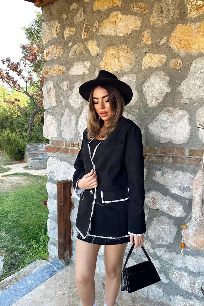 Elisa Black Striped Lined Garnished Suede Jacket Wholesale Clothing Fall