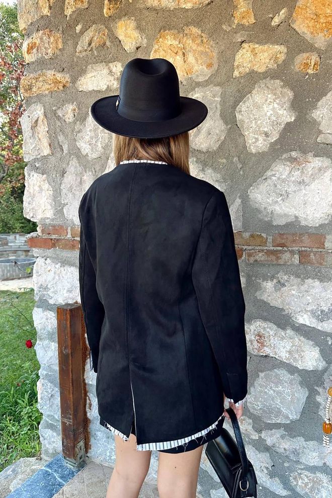 Elisa Black Striped Lined Garnished Suede Jacket Wholesale Clothing 5