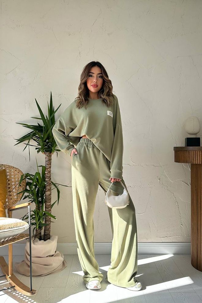 Elisa Classic Ribbed Sweater And Pants Set Green Wholesale Clothing Polyester