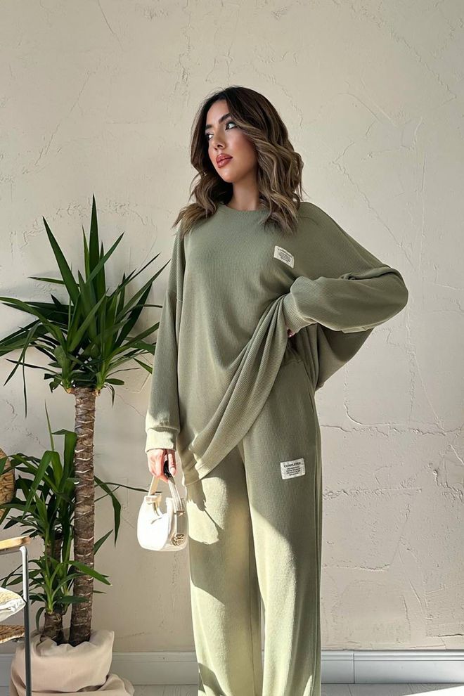 Elisa Classic Ribbed Sweater And Pants Set Green Wholesale Clothing Gym