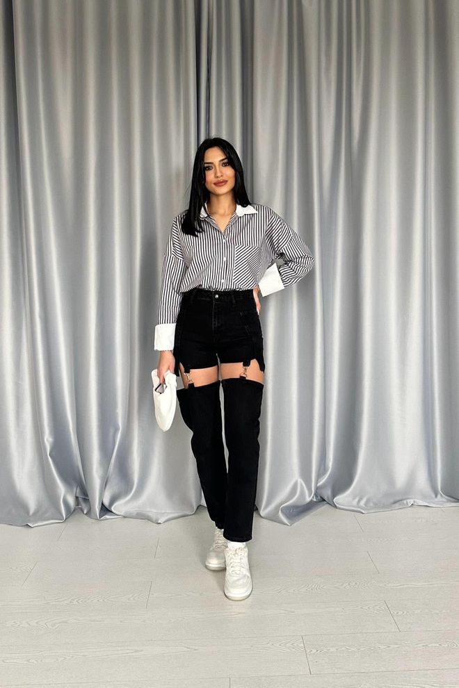 Elisa Tweedelige Jeansbroek Met Bandjes Zwart Groothandel Kleding Casual