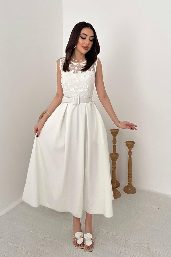 Elisa Front Lace Detailed Belted Dress White Wholesale Clothing Elegant
