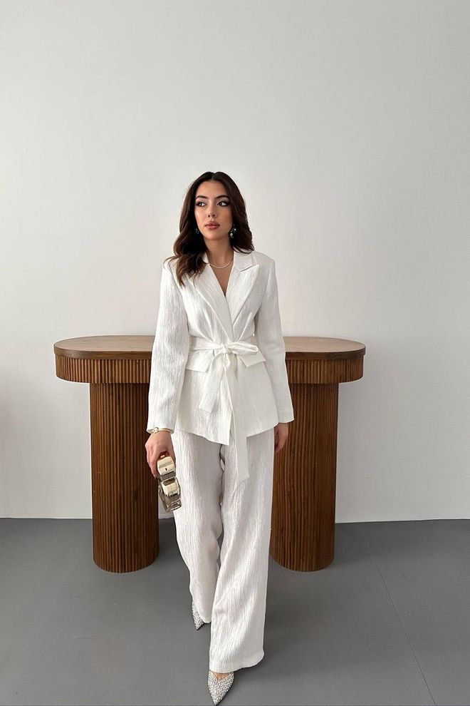 Elisa Waist Belt Jacket And Pants Shiny Suit Ecru Wholesale Clothing Viscose