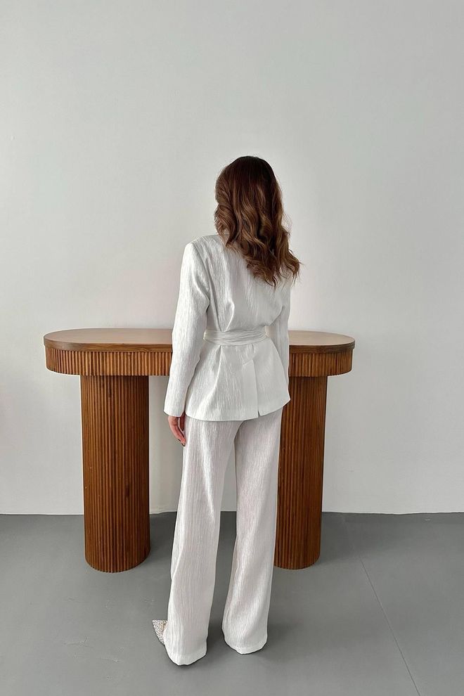 Elisa Waist Belt Jacket And Pants Shiny Suit Ecru Wholesale Clothing Formal
