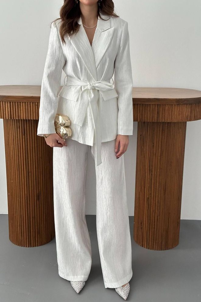 Elisa Waist Belt Jacket And Pants Shiny Suit Ecru Wholesale Clothing Wedding