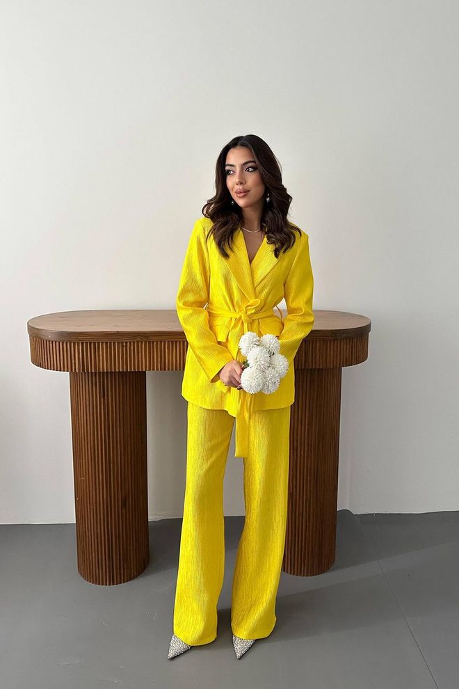 Elisa Waist Belt Jacket And Pants Shiny Suit Yellow Wholesale Clothing Elegant