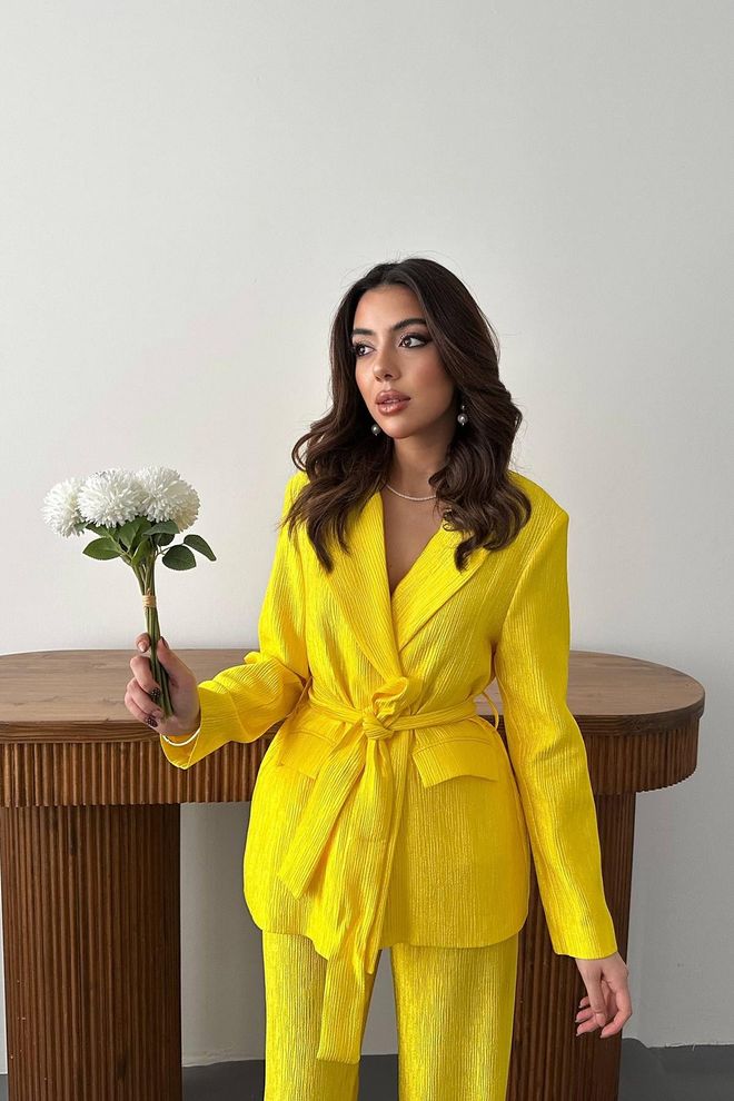 Elisa Veste Et Pantalon Avec Ceinture Costume Brillant Jaune Vêtements en gros Anniversaire