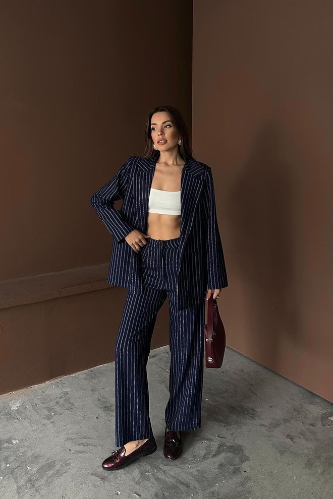 Elisa Set De Jachete Și Pantaloni Cu Dungi Bleumarin Îmbrăcăminte cu ridicata Casual