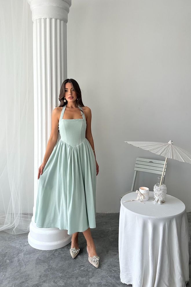 Elisa Abito In Lino Con Cravatta Al Collo Alla Menta All'ingrosso Abbigliamento all'ingrosso Formale