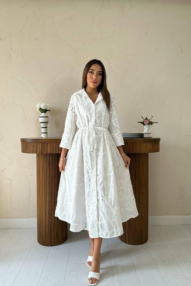 Elisa Vestido Camisa Midi Branco Floral Com Decote Entalhado Roupas por atacado Modesto