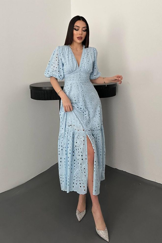 Elisa Robe Bleue Élégante Coupe Cintrée Vêtements en gros Décontracté
