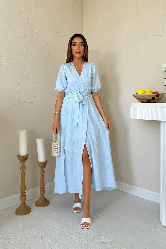 Elisa Robe Portefeuille Midi Bleu À Manches Bouffantes Vêtements en gros Décontracté