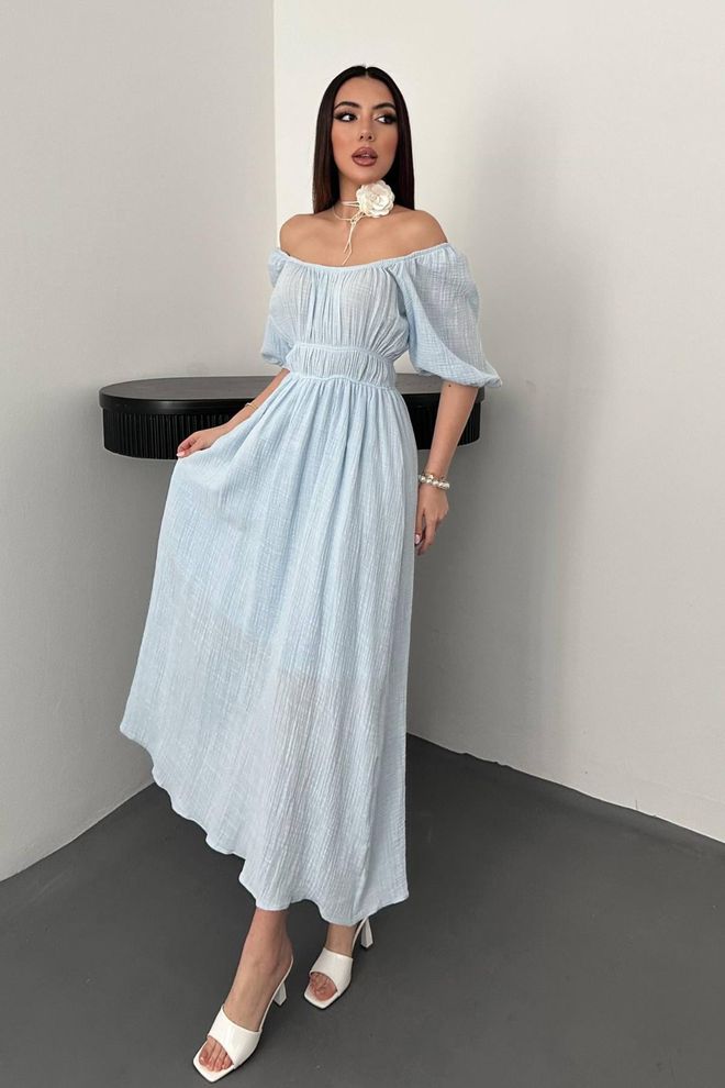 Elisa Robe Maxi Bleue Cintrée Évasée Avec Manches Bouffantes Mi longues Vêtements en gros Modeste