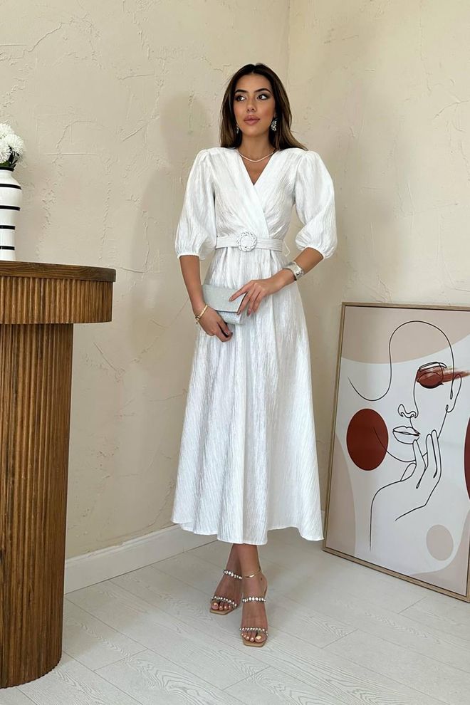 Elisa Vestido Blanco Elegante Formal Vintage Envolvente Ropa al por mayor Modesto