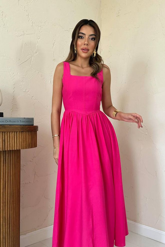 Elisa Fuchsia A Line Maxi Dress With Square Neck Wholesale Clothing Work