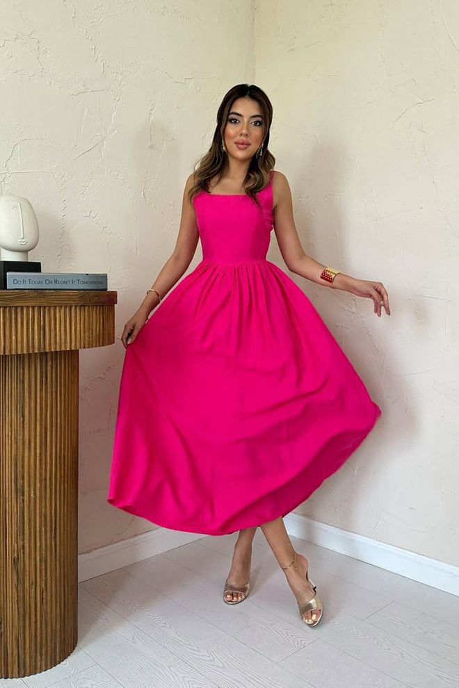 Elisa Fuchsia A Line Maxi Dress With Square Neck Wholesale Clothing Sexy