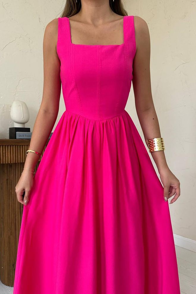 Elisa Fuchsia A Line Maxi Dress With Square Neck Wholesale Clothing Spring