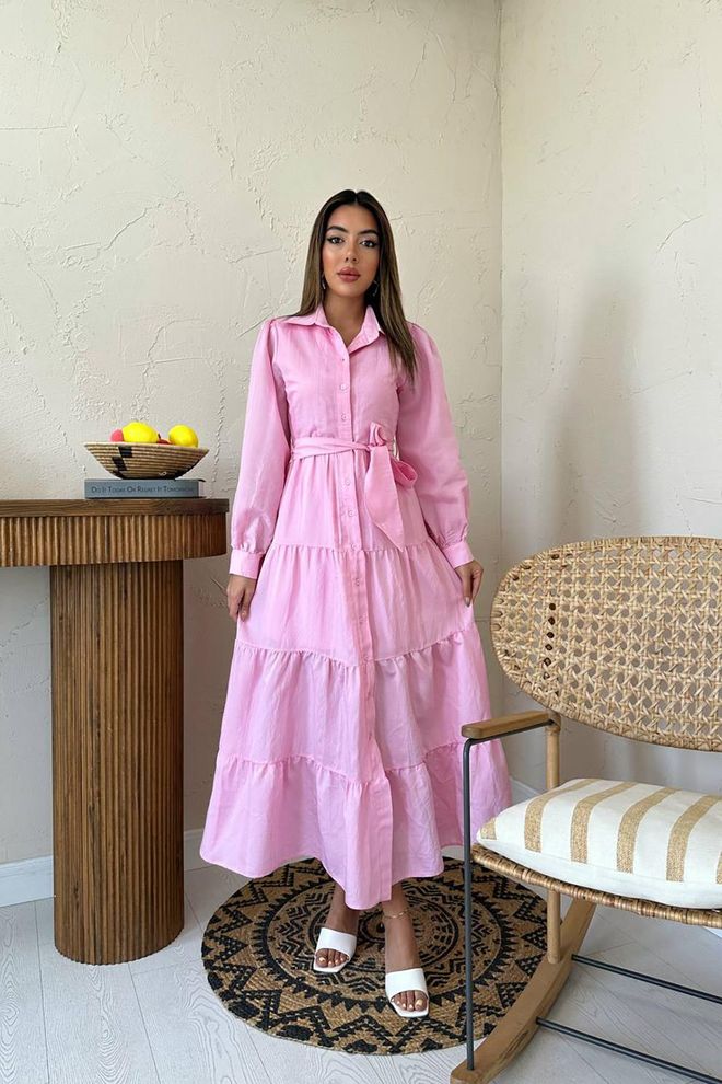 Elisa Elegant Pink Shirt Dress With Notched Neck And Long Sleeves Wholesale Clothing Modest