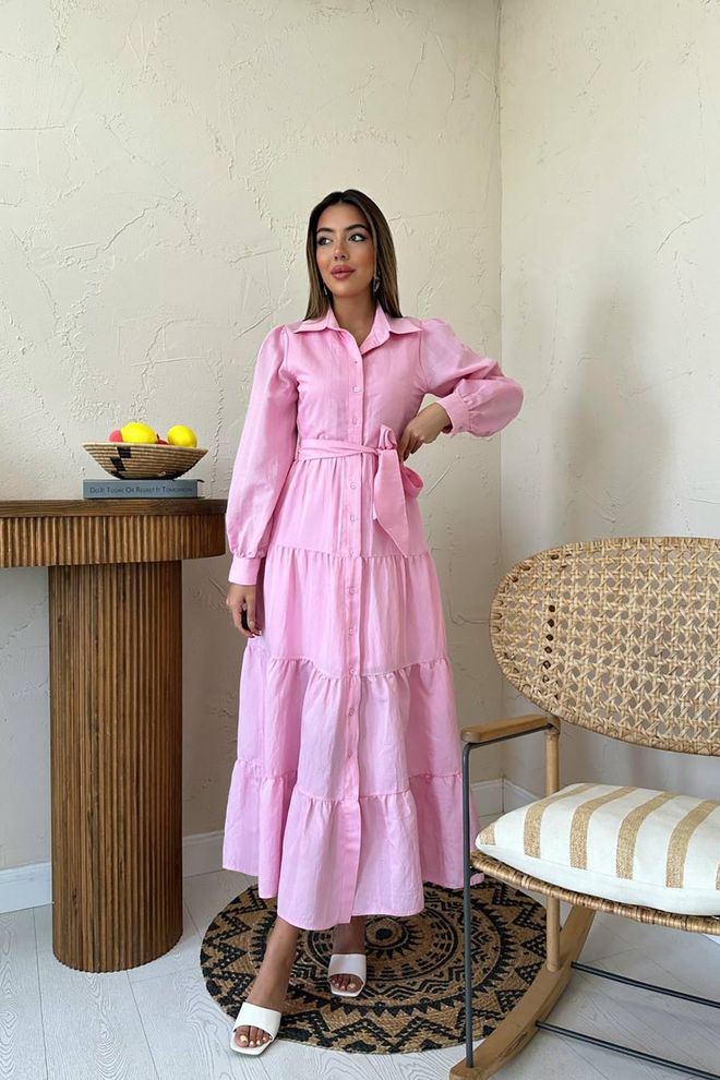 Elisa Elegant Pink Shirt Dress With Notched Neck And Long Sleeves Wholesale Clothing 1
