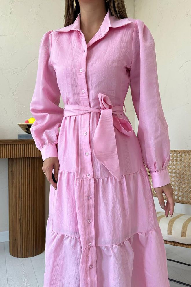 Elisa Elegant Pink Shirt Dress With Notched Neck And Long Sleeves Wholesale Clothing Spring