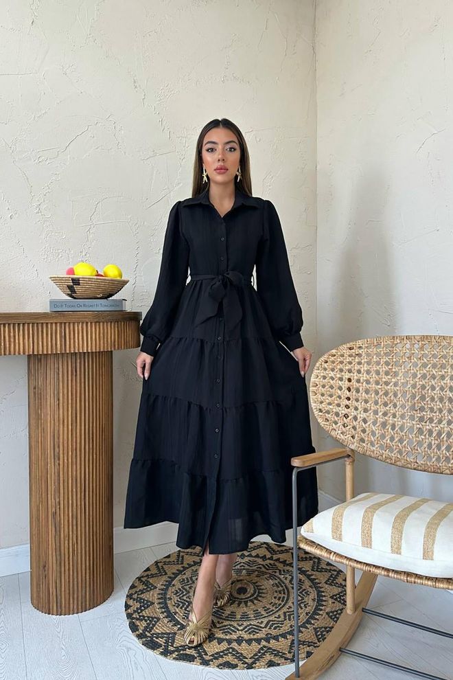Elisa Black Modest Elegant Maxi Shirt Dress Wholesale Clothing Modest
