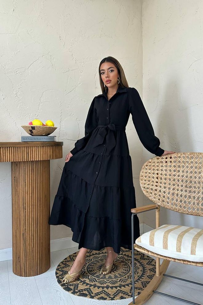 Elisa Black Modest Elegant Maxi Shirt Dress Wholesale Clothing 1