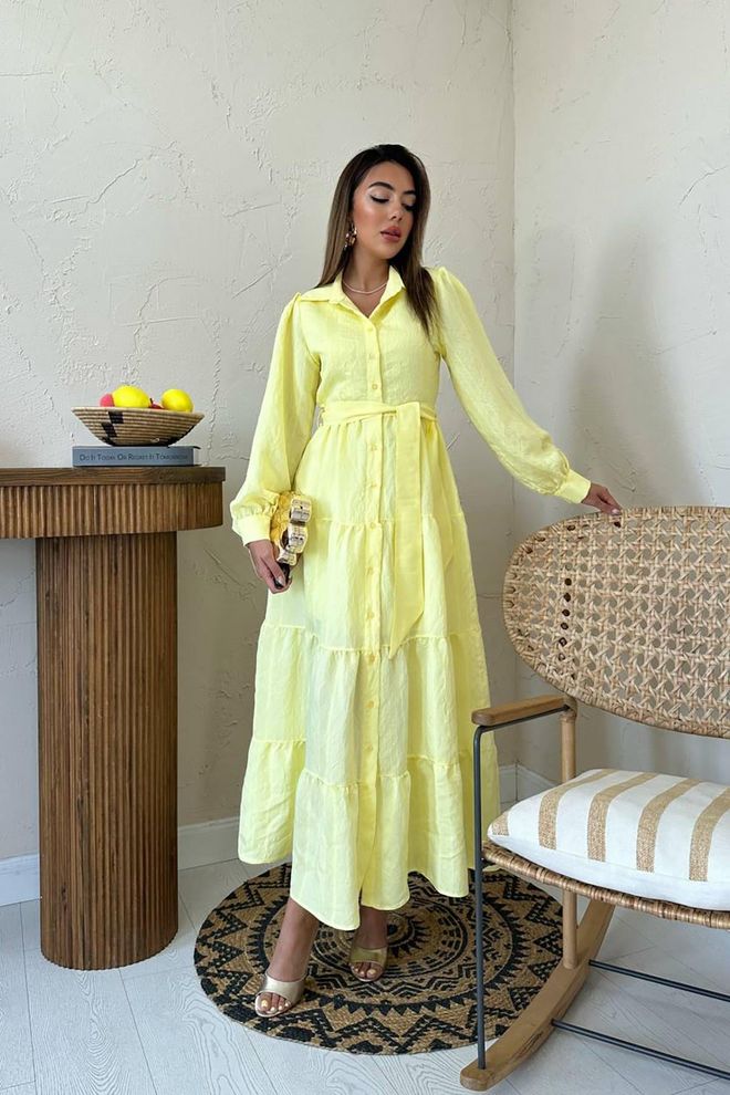Elisa Yellow Modest Elegant Shirt Dress Maxi Wholesale Clothing 1