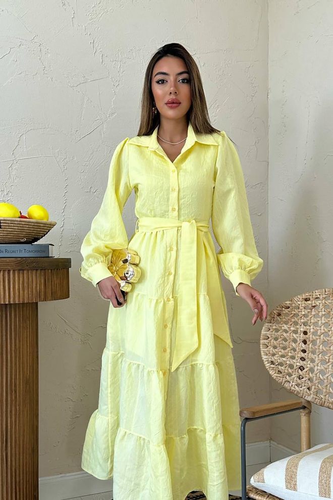 Elisa Yellow Modest Elegant Shirt Dress Maxi Wholesale Clothing Work