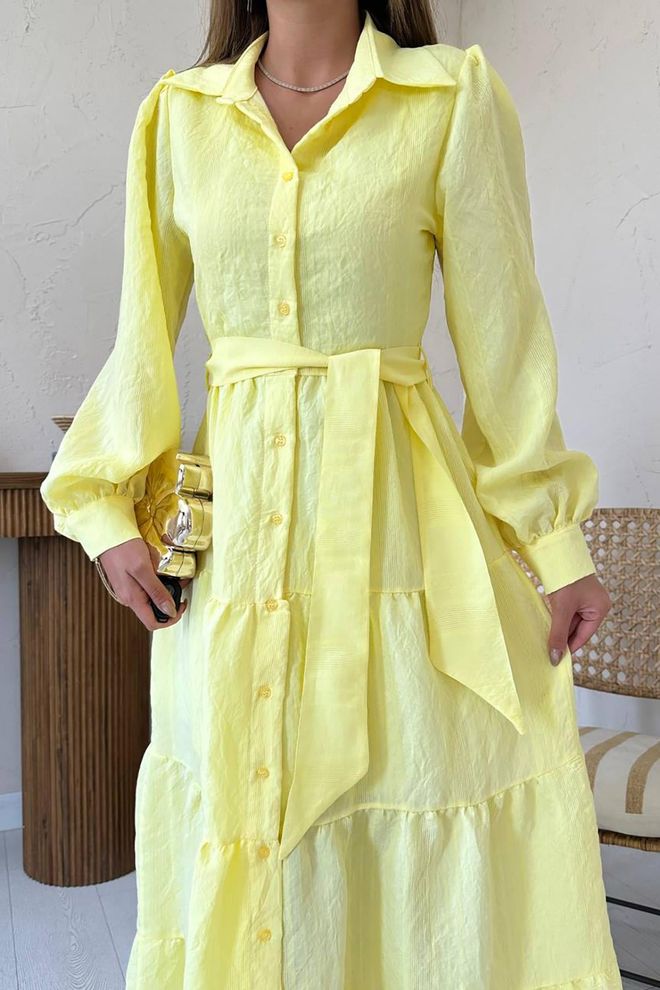Elisa Yellow Modest Elegant Shirt Dress Maxi Wholesale Clothing Spring