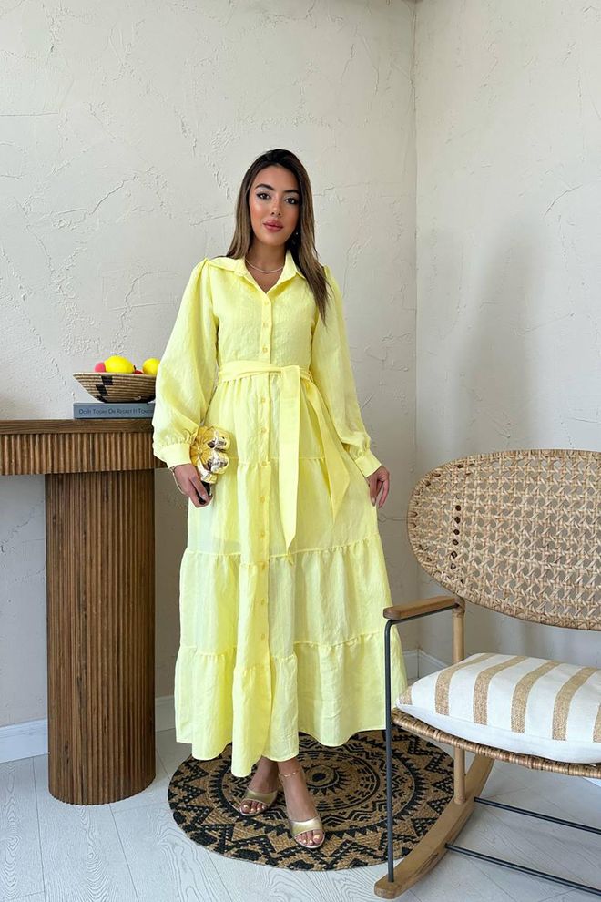 Elisa Yellow Modest Elegant Shirt Dress Maxi Wholesale Clothing Modest
