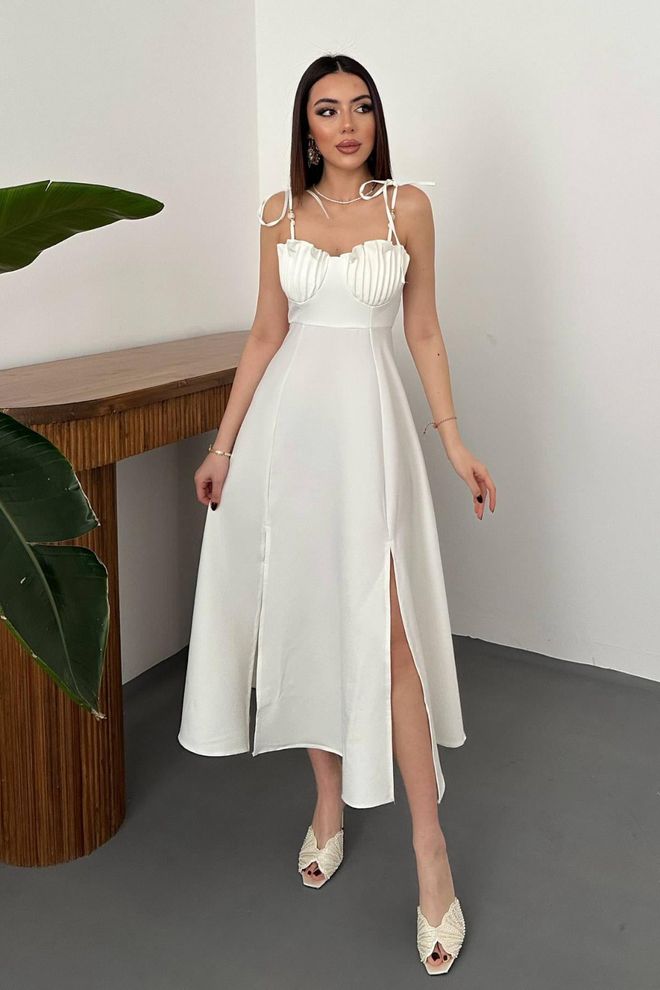 Elisa Λευκό Κομψό Φόρεμα A line Midi Με Τετράγωνη Λαιμόκοψη Χονδρικό εμπόριο ενδυμάτων Casual