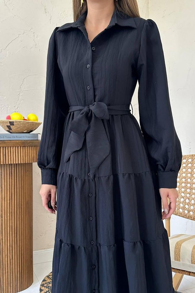 Elisa Black Modest Elegant Maxi Shirt Dress Wholesale Clothing Spring