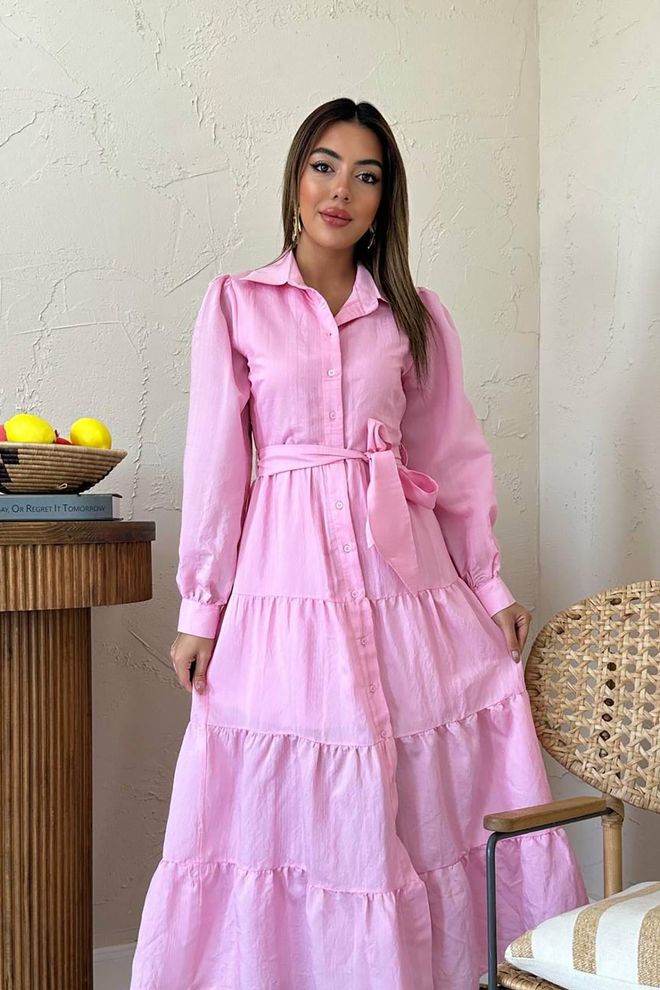 Elisa Elegant Pink Shirt Dress With Notched Neck And Long Sleeves Wholesale Clothing Work