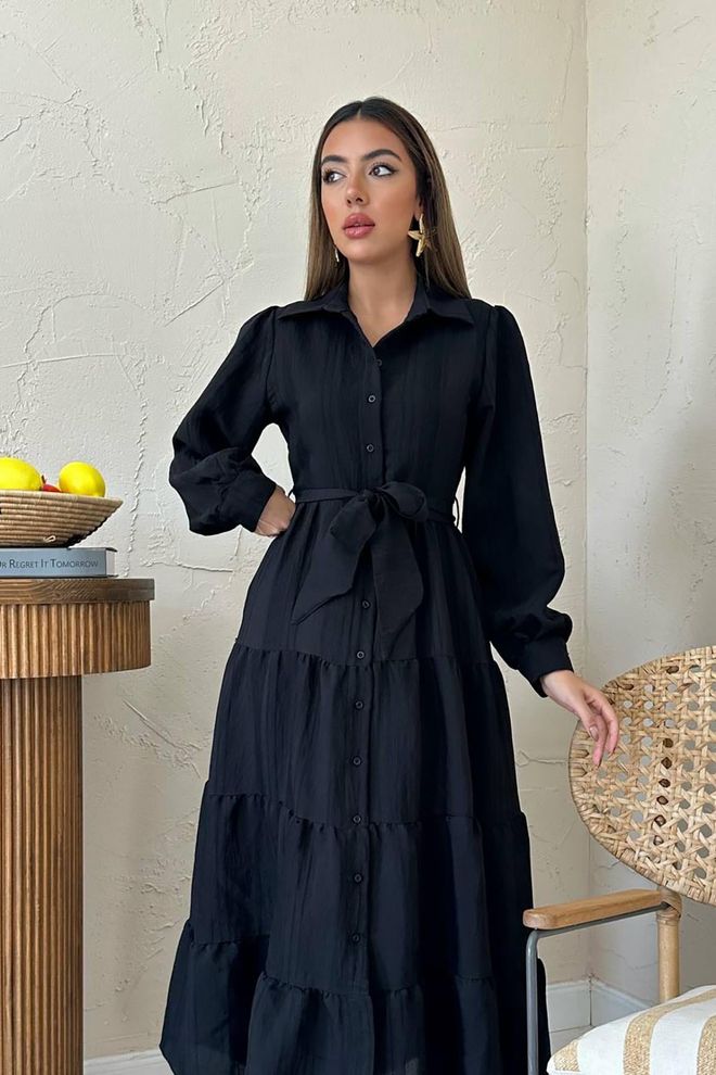 Elisa Black Modest Elegant Maxi Shirt Dress Wholesale Clothing Work