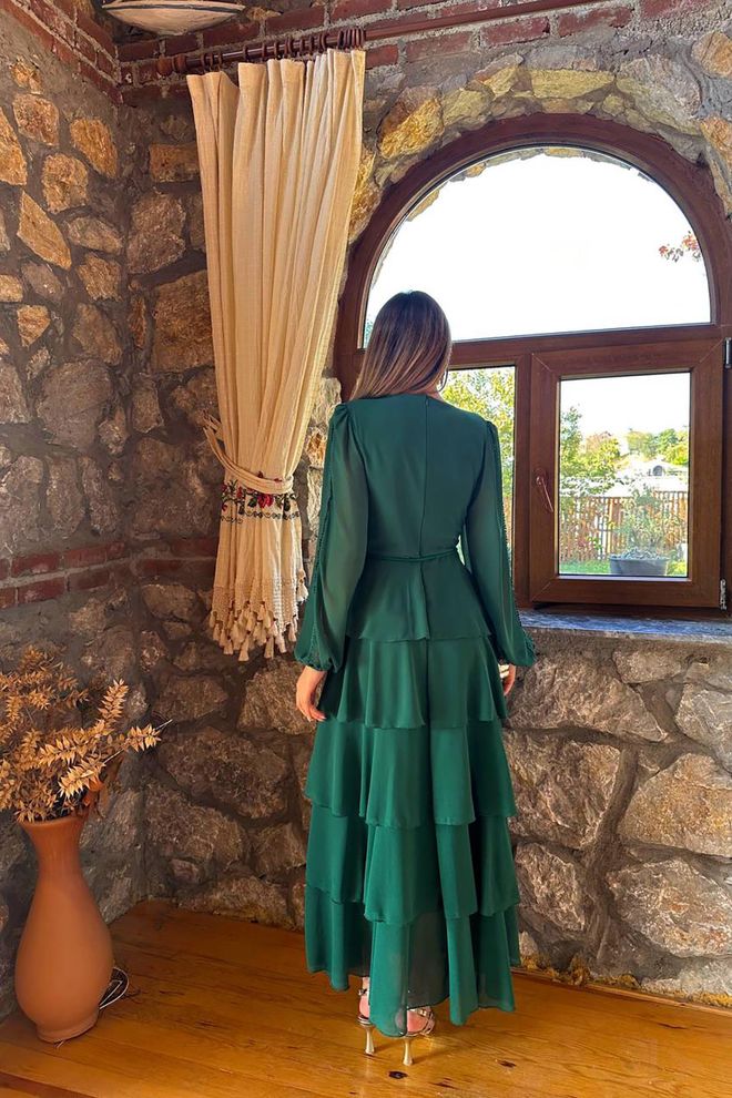 Elisa Elegant Green A Line Dress With Ruffle Sleeves Wholesale Clothing 5