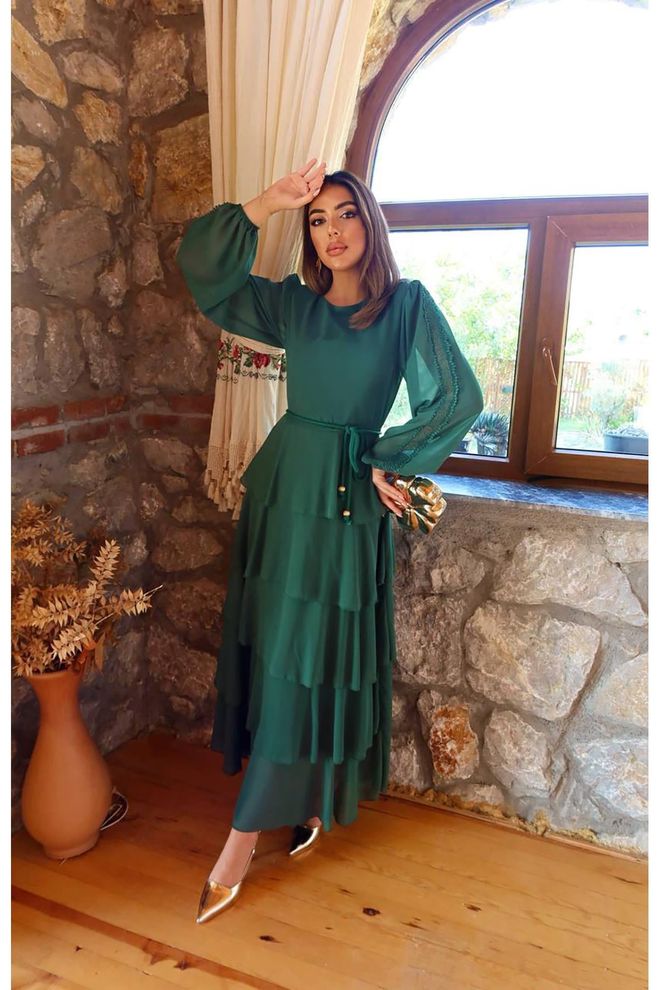 Elisa Elegant Green A Line Dress With Ruffle Sleeves Wholesale Clothing 1