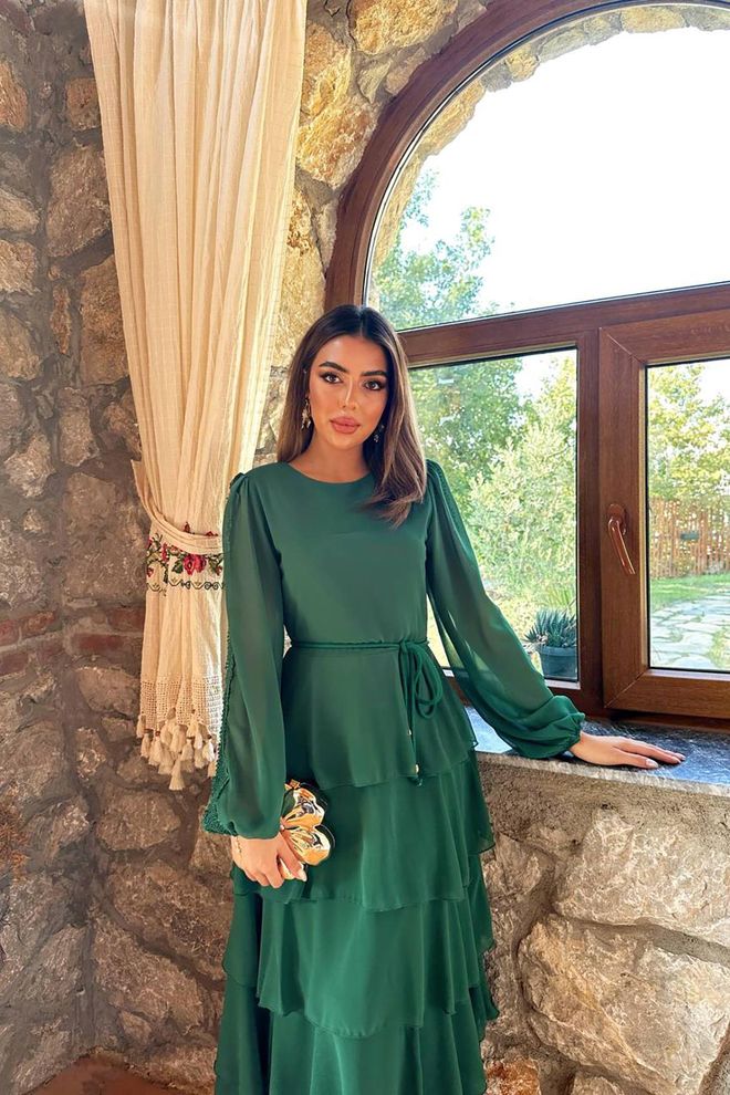 Elisa Elegant Green A Line Dress With Ruffle Sleeves Wholesale Clothing Work