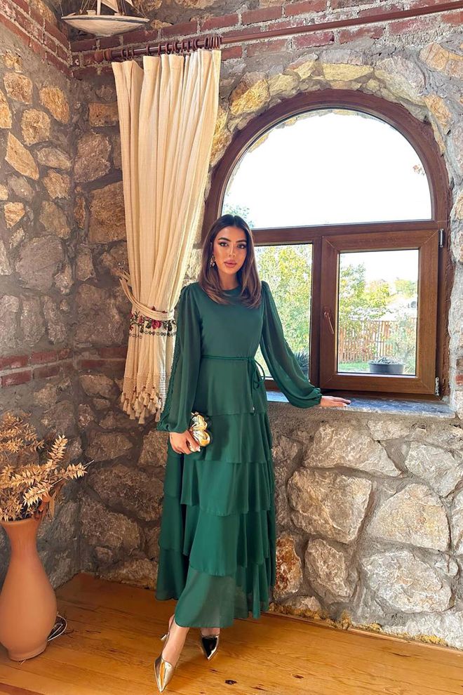 Elisa Elegant Green A Line Dress With Ruffle Sleeves Wholesale Clothing Modest