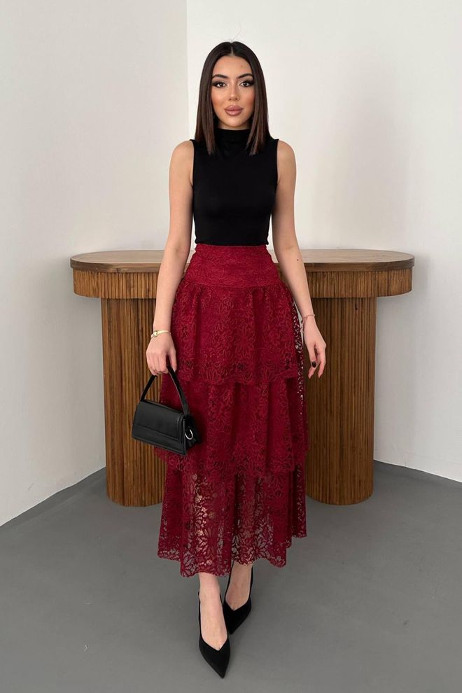 Elisa Falda Roja Clarete Con Capas Talle Alto Y Largo Maxi Ropa al por mayor Antiguo