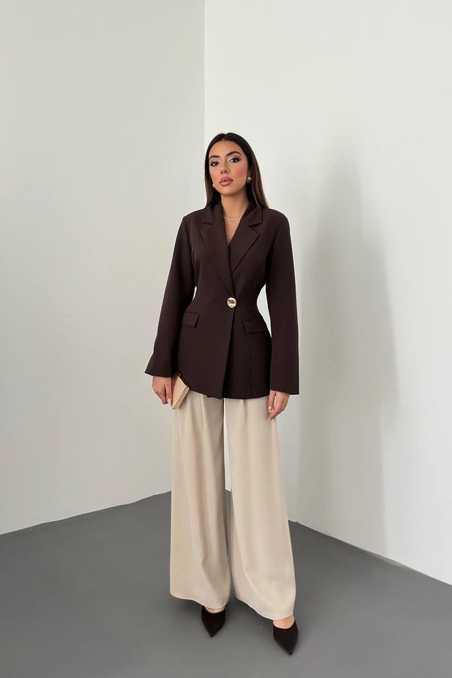 Elisa Brown Elegant Single Breasted Blazer Jacket Wholesale Clothing Spring