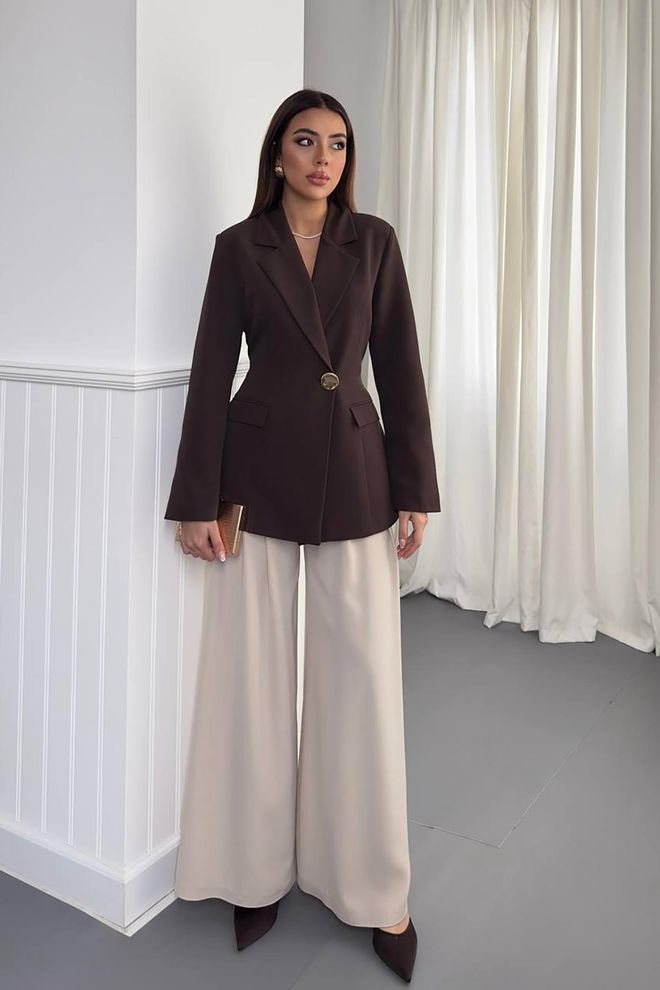 Elisa Brown Elegant Single Breasted Blazer Jacket Wholesale Clothing Work